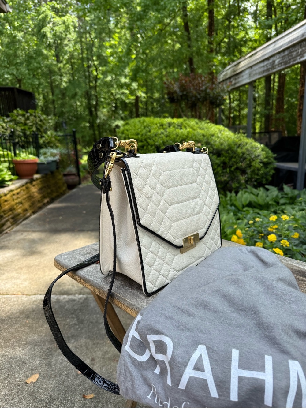 Brahmin White Quilted Leather Shoulder Bag with Black Trim